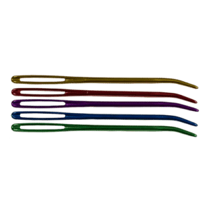 5 colourful darning needles with bent tips